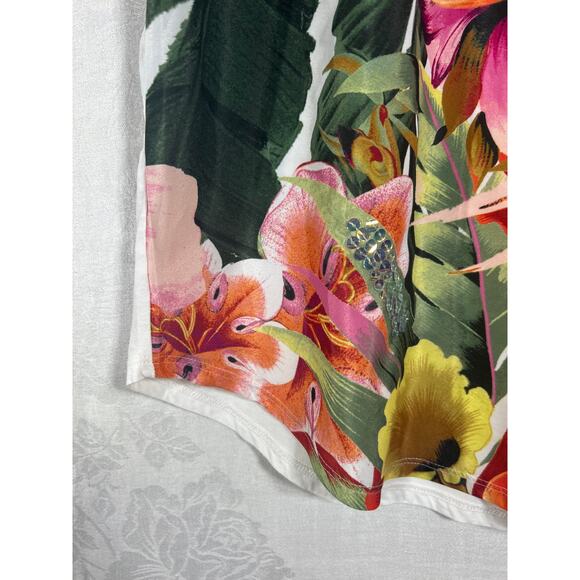 Chicos Top 3 XL White Blue Pink Big Floral Sequins Dolman Slv Boxy Palm Tropical - Picture 2 of 10